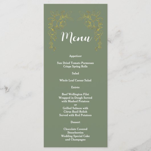 Elegante gouden bloemige saliegroene trouw menu (Voorkant)
