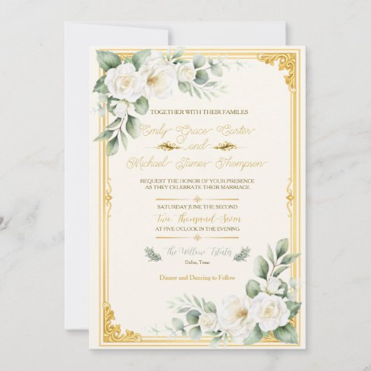 Elegante gouden bloemige trouwuitnodiging (Voorkant)