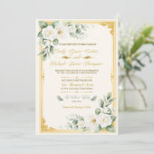 Elegante gouden bloemige trouwuitnodiging (Staand voorkant)