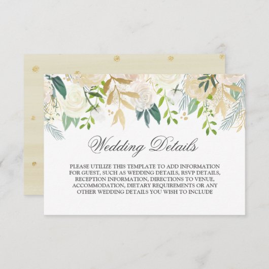 Elegante Gouden Bloemige Waterverf Bruiloftdetails Kaart (Voorkant / Achterkant)