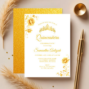 Elegante Gouden Bloemige White en Goud Quinceanera Kaart