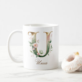 Elegante gouden bloemletter U monogrammokkop Koffiemok