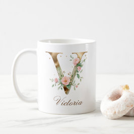 Elegante Gouden Bloemletter V Monogram Beker Koffiemok