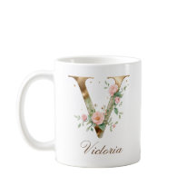 Elegante Gouden Bloemletter V Monogram Beker