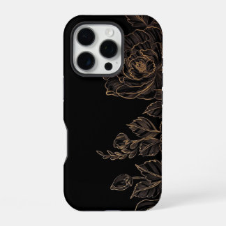 Elegante Gouden Bloemmotief op Zwart iPhone 16 Pro Hoesje