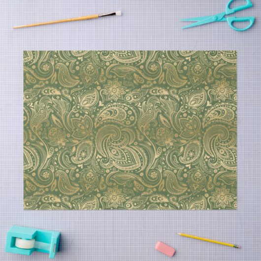 Elegante gouden bloempaisley op groene achtergrond tissuepapier (Craft)
