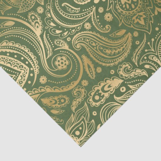 Elegante gouden bloempaisley op groene achtergrond tissuepapier (Detail)