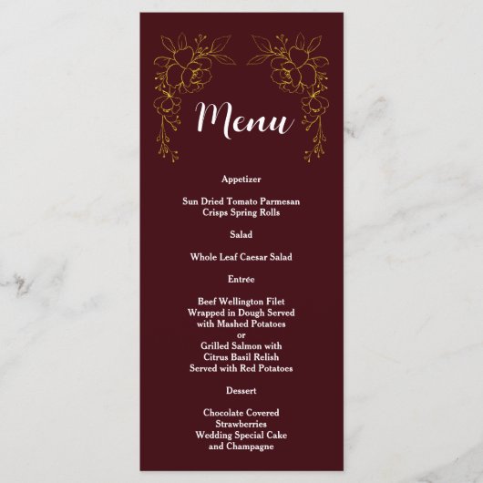Elegante gouden bloemrijke diepe bordeauxrode trou menu (Voorkant)