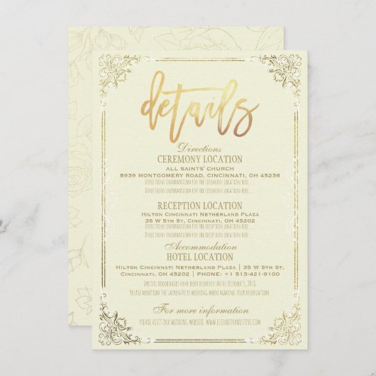 Elegante gouden bloemrijke kader trouwrichtingsdet kaart (Voorkant / Achterkant)