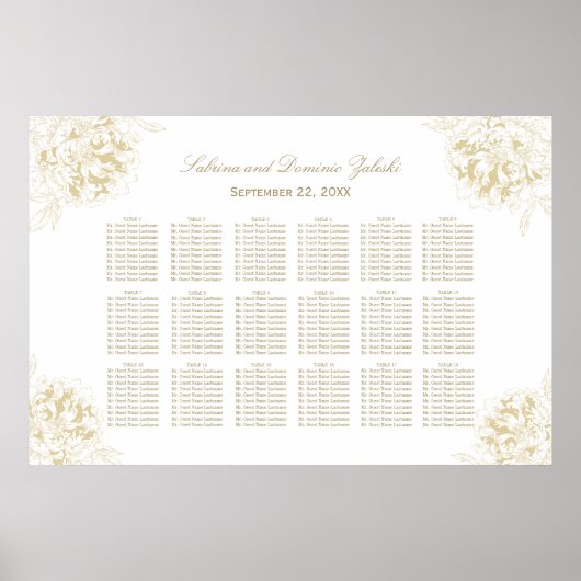 Elegante gouden bloemstuk bruiloft zitplaatsen poster (Voorkant)