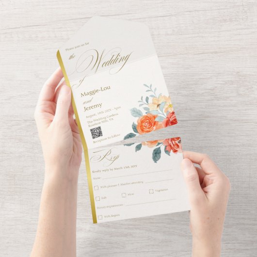 Elegante gouden blos bloemenscript bruiloft all in one uitnodiging (Afscheurbaar)