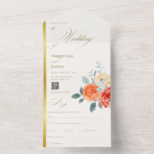 Elegante gouden blos bloemenscript bruiloft all in one uitnodiging (Binnen)