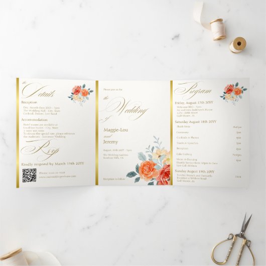 Elegante gouden blos bloemenscript bruiloft drieluik uitnodiging (Binnen)