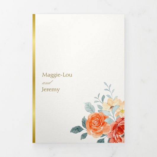 Elegante gouden blos bloemenscript bruiloft drieluik uitnodiging (Cover)
