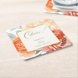 Elegante gouden blos bloemenscript bruiloft kartonnen onderzetters