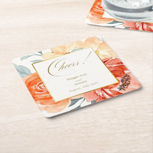 Elegante gouden blos bloemenscript bruiloft kartonnen onderzetters (Schuin)