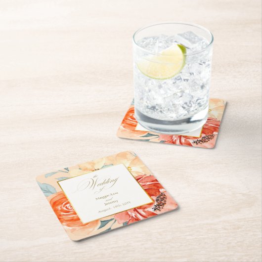 Elegante gouden blos bloemenscript bruiloft kartonnen onderzetters (Insitu)