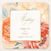 Elegante gouden blos bloemenscript bruiloft kartonnen onderzetters (Voorkant)