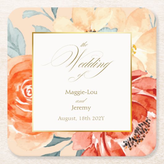 Elegante gouden blos bloemenscript bruiloft kartonnen onderzetters (Voorkant)