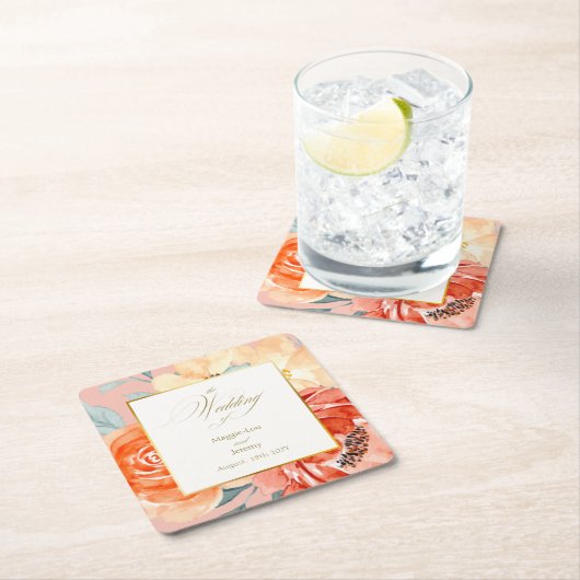 Elegante gouden blos bloemenscript bruiloft kartonnen onderzetters (Insitu)