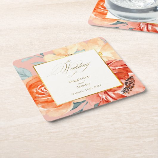 Elegante gouden blos bloemenscript bruiloft kartonnen onderzetters (Schuin)