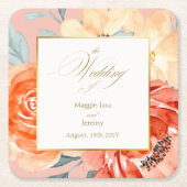 Elegante gouden blos bloemenscript bruiloft kartonnen onderzetters (Voorkant)