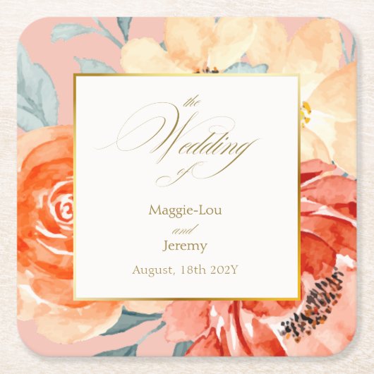 Elegante gouden blos bloemenscript bruiloft kartonnen onderzetters (Voorkant)