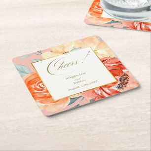 Elegante gouden blos bloemenscript bruiloft kartonnen onderzetters