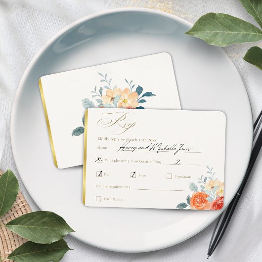 Elegante gouden blos bloemenscript bruiloft RSVP kaartje