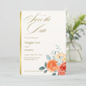 Elegante gouden blos bloemenscript bruiloft save the date (Staand voorkant)