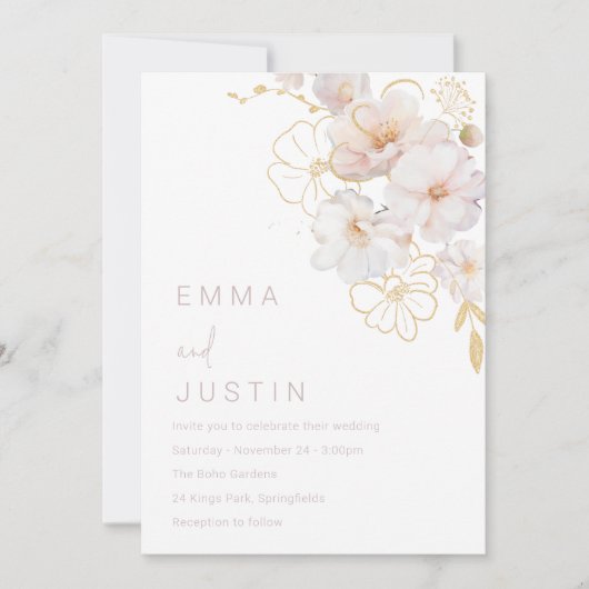 Elegante gouden blos botanische wilde bloemen brui kaart (Voorkant)