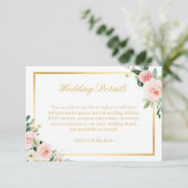 Elegante gouden blozende roze bloemige trouwdetail informatiekaartje (Staand voorkant)