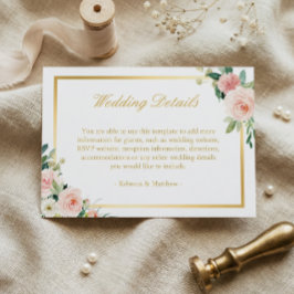 Elegante gouden blozende roze bloemige trouwdetail informatiekaartje