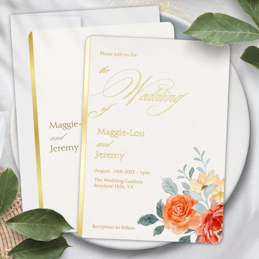 Elegante Gouden Blush Bloemrijke Script Bruiloft G Folie Uitnodiging