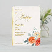 Elegante Gouden Blush Bloemrijke Script Bruiloft G Folie Uitnodiging (Staand Voorkant)