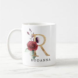 Elegante Gouden Blush Roze Bloem Letter R Koffiemok