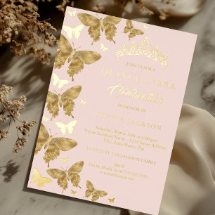 Elegante Gouden Blush Roze Vlinder Quinceanera Folie Uitnodiging