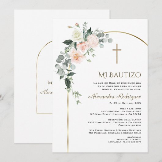 Elegante Gouden Boog Bloemen Spaans Bautizo Kaart (Voorkant / Achterkant)