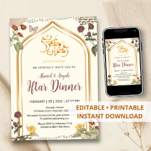 Elegante Gouden Boog Bloemrijke Ramadan Iftar-dine Kaart