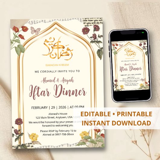 Elegante Gouden Boog Bloemrijke Ramadan Iftar-dine Kaart