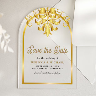 Elegante Gouden Boog Damast Trouw 'Save the Date' Acryl Uitnodigingen