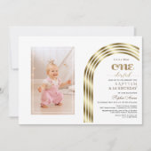 Elegante Gouden Boog Doop 1e Verjaardag Meisje Fot Kaart (Voorkant)