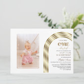 Elegante Gouden Boog Doop 1e Verjaardag Meisje Fot Kaart (Staand voorkant)
