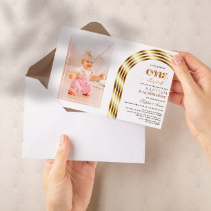 Elegante Gouden Boog Doop 1e Verjaardag Meisje Fot Kaart