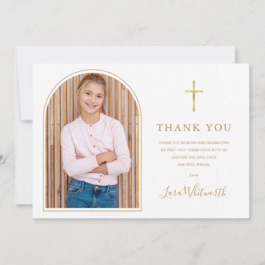 Elegante gouden boog Eerste Heilige Communie Bedankkaart (Voorkant)