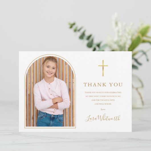 Elegante gouden boog Eerste Heilige Communie Bedankkaart (Staand voorkant)