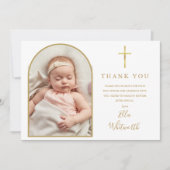 Elegante gouden boog foto handtekening script doop bedankkaart (Voorkant)