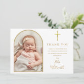 Elegante gouden boog foto handtekening script doop bedankkaart (Staand voorkant)