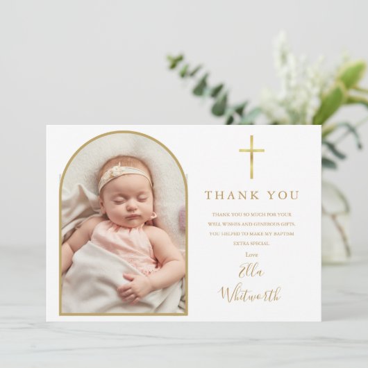 Elegante gouden boog foto handtekening script doop bedankkaart (Staand voorkant)