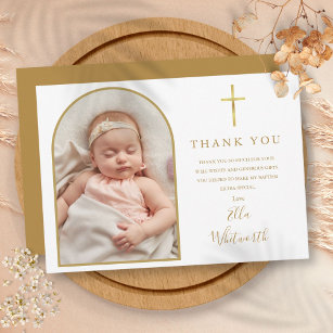 Elegante gouden boog foto handtekening script doop bedankkaart